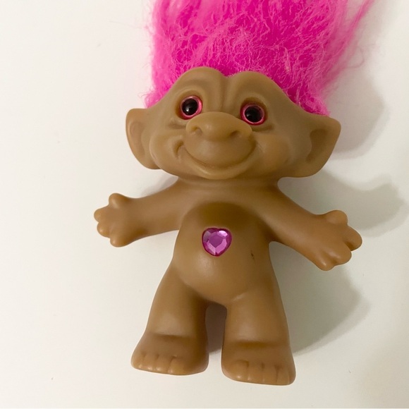 Vintage ACE Novelty Troll Pink Hair Pink Eyes Pink Belly Jewel Heart - Picture 13 of 16